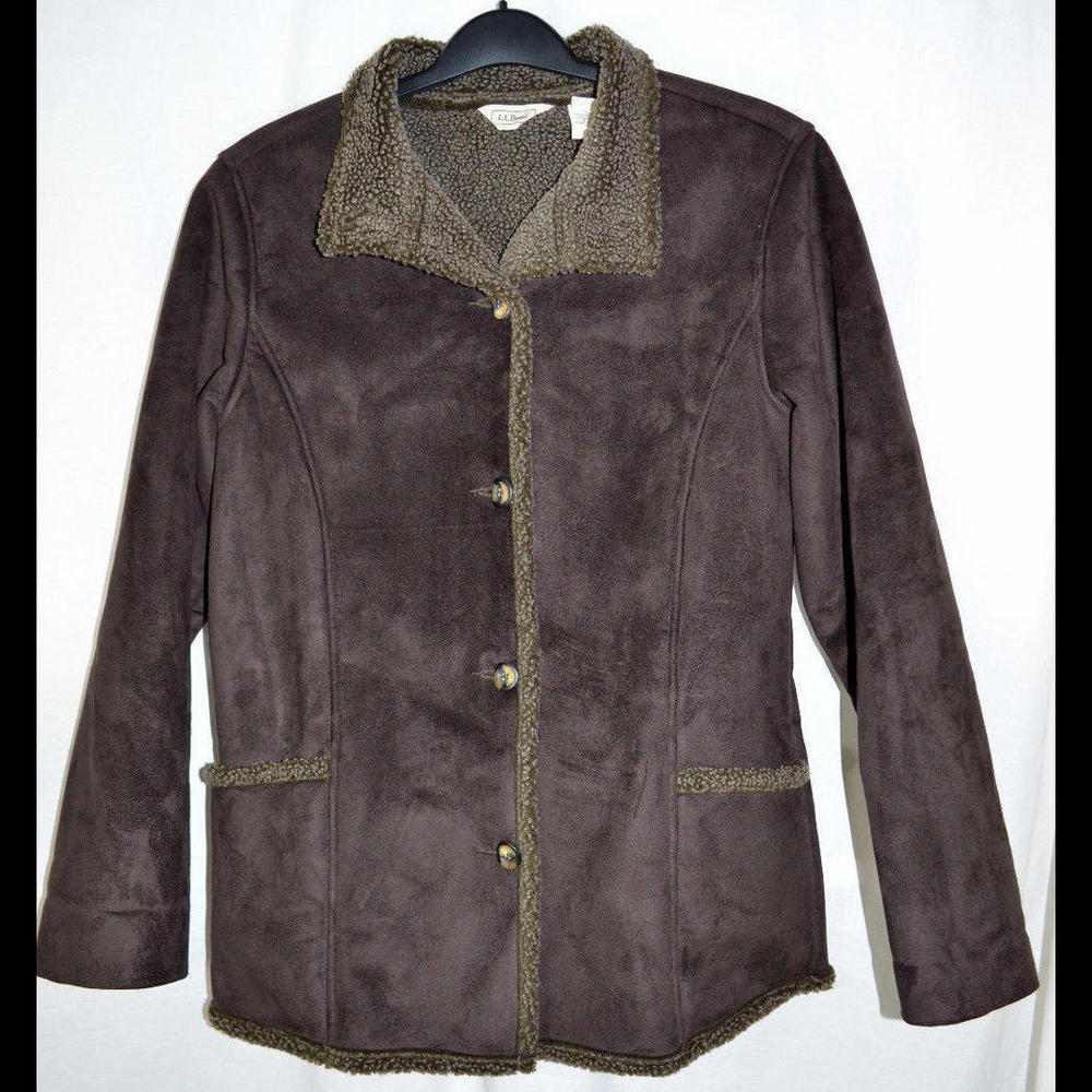 L.L. Bean Faux Suede Coat Sherpa Lined Dark Brown Button Front Women's M Reg